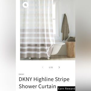 DKNY Beige and White Horizontal Stripe Shower Curtain with Hooks
